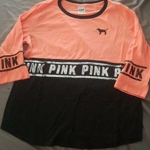 NWOT. PINK 3/4 sleeve baseball tee with SEQUINS